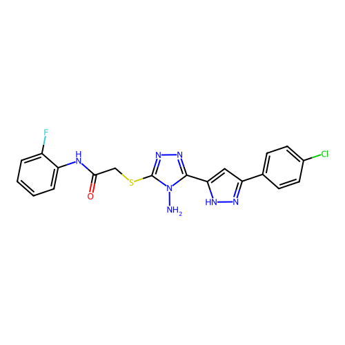 2-((4-amino-5-(3-(4-chlorophenyl)-1H-pyrazol-5-yl)-4H-1,2,4-triazol-3-yl)thio)-N-(2-fluorophenyl)acetamide structure