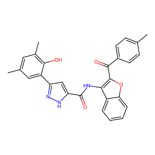 5-(2-hydroxy-3,5-dimethylphenyl)-N-{2-[(4-methylphenyl)carbonyl]-1-benzofuran-3-yl}-1H-pyrazole-3-carboxamide structure