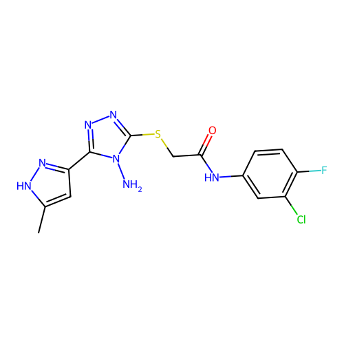 2-((4-amino-5-(3-methyl-1H-pyrazol-5-yl)-4H-1,2,4-triazol-3-yl)thio)-N-(3-chloro-4-fluorophenyl)acetamide structure