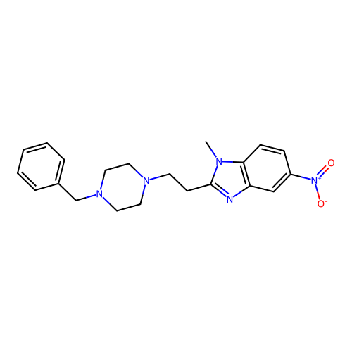 2-[2-(4-benzylpiperazin-1-yl)ethyl]-1-methyl-5-nitro-1H-benzimidazole structure