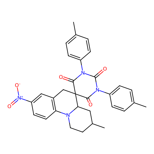 3-methyl-1',3'-bis(4-methylphenyl)-8-nitro-2,3,4,4a-tetrahydro-1H,2'H,6H-spiro[pyrido[1,2-a]quinoline-5,5'-pyrimidine]-2',4',6'(1'H,3'H)-trione structure