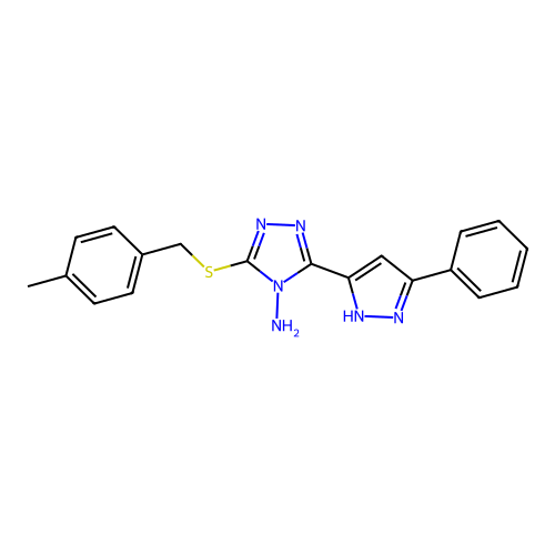 3-((4-methylbenzyl)thio)-5-(3-phenyl-1H-pyrazol-5-yl)-4H-1,2,4-triazol-4-amine structure