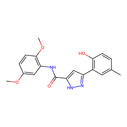 (5E)-N-(2,5-dimethoxyphenyl)-5-(3-methyl-6-oxocyclohexa-2,4-dien-1-ylidene)-1,2-dihydropyrazole-3-carboxamide structure