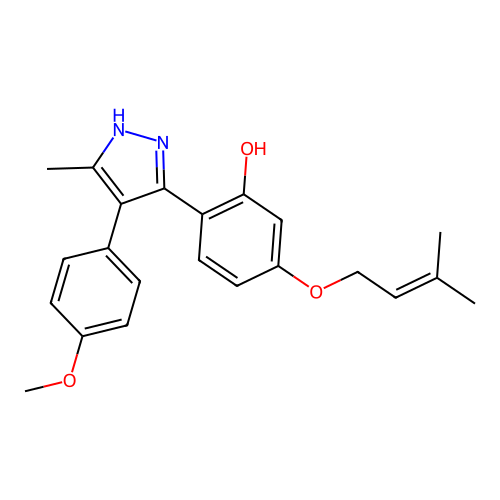 2-(4-(4-methoxyphenyl)-5-methyl-1H-pyrazol-3-yl)-5-((3-methylbut-2-en-1-yl)oxy)phenol structure