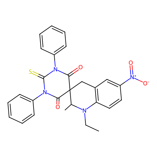 1'-ethyl-2'-methyl-6'-nitro-1,3-diphenyl-2-sulfanylidenespiro[1,3-diazinane-5,3'-2,4-dihydroquinoline]-4,6-dione structure