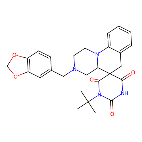 3'-(1,3-benzodioxol-5-ylmethyl)-1-tert-butylspiro[1,3-diazinane-5,5'-2,4,4a,6-tetrahydro-1H-pyrazino[1,2-a]quinoline]-2,4,6-trione structure