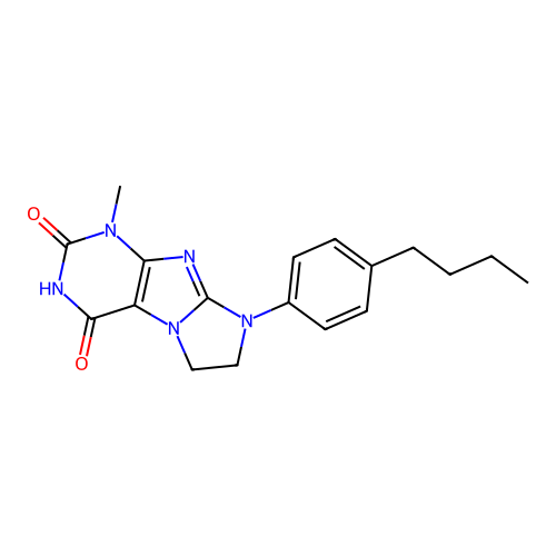 8-(4-Butylphenyl)-1-methyl-1,3,5-trihydroimidazolidino[1,2-h]purine-2,4-dione structure