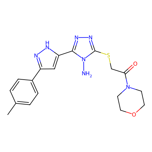2-((4-amino-5-(3-(p-tolyl)-1H-pyrazol-5-yl)-4H-1,2,4-triazol-3-yl)thio)-1-morpholinoethanone structure