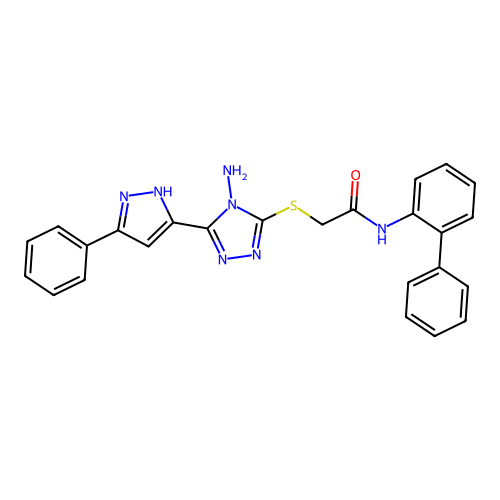 2-[[4-amino-5-(3-phenyl-1H-pyrazol-5-yl)-1,2,4-triazol-3-yl]sulfanyl]-N-(2-phenylphenyl)acetamide structure