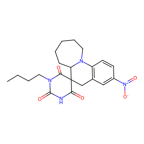1'-butyl-2'-hydroxy-3-nitro-6a,7,8,9,10,11-hexahydro-4'H,5H-spiro[azepino[1,2-a]quinoline-6,5'-pyrimidine]-4',6'(1'H)-dione structure