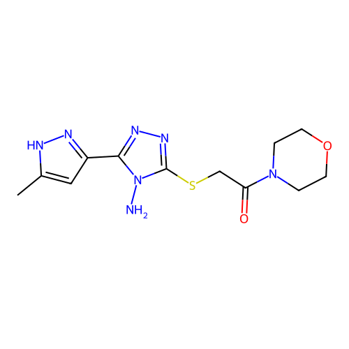 2-((4-amino-5-(3-methyl-1H-pyrazol-5-yl)-4H-1,2,4-triazol-3-yl)thio)-1-morpholinoethanone structure