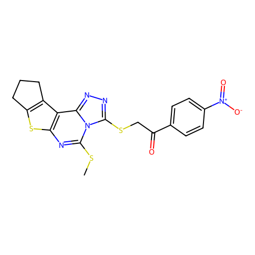 2-((5-(methylthio)-9,10-dihydro-8H-cyclopenta[4,5]thieno[3,2-e][1,2,4]triazolo[4,3-c]pyrimidin-3-yl)thio)-1-(4-nitrophenyl)ethanone structure