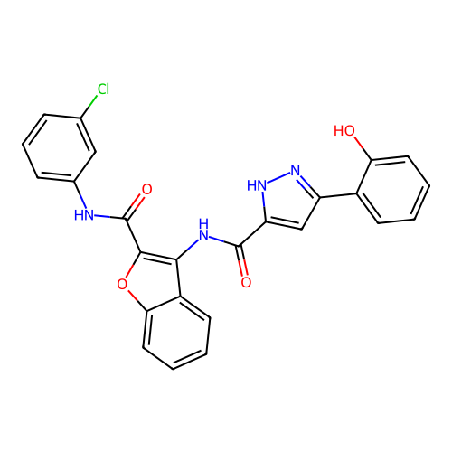 (5Z)-N-[2-[(3-chlorophenyl)carbamoyl]-1-benzofuran-3-yl]-5-(6-oxocyclohexa-2,4-dien-1-ylidene)-1,2-dihydropyrazole-3-carboxamide structure