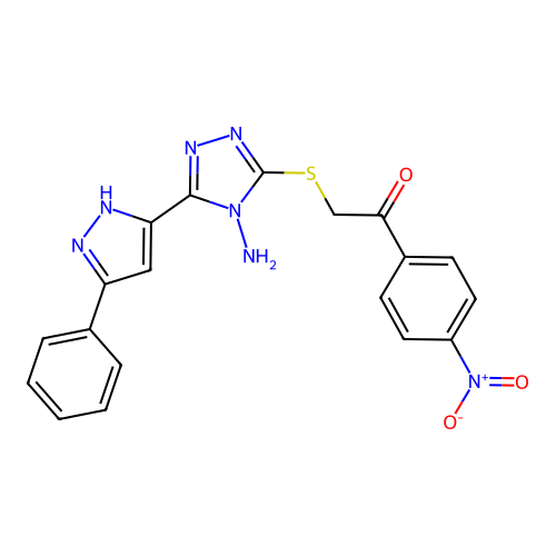 2-((4-amino-5-(3-phenyl-1H-pyrazol-5-yl)-4H-1,2,4-triazol-3-yl)thio)-1-(4-nitrophenyl)ethanone structure
