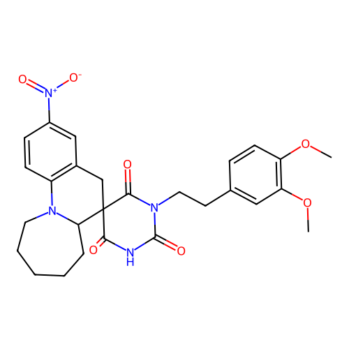 1'-(3,4-dimethoxyphenethyl)-3-nitro-6a,7,8,9,10,11-hexahydro-1'H,5H-spiro[azepino[1,2-a]quinoline-6,5'-pyrimidine]-2',4',6'(3'H)-trione structure