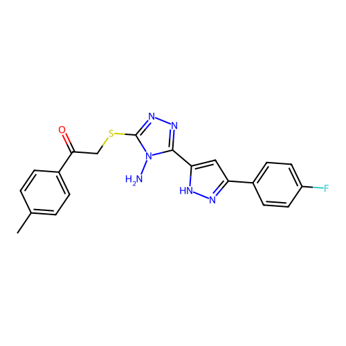 2-((4-amino-5-(3-(4-fluorophenyl)-1H-pyrazol-5-yl)-4H-1,2,4-triazol-3-yl)thio)-1-(p-tolyl)ethanone structure