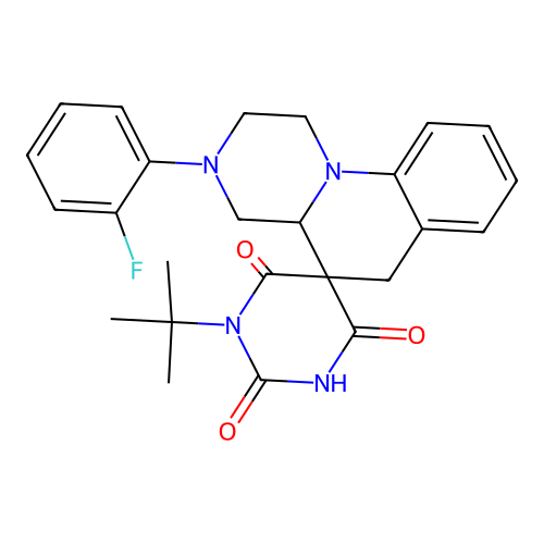 1'-(tert-butyl)-3-(2-fluorophenyl)-1,2,3,4,4a,6-hexahydro-1'H-spiro[pyrazino[1,2-a]quinoline-5,5'-pyrimidine]-2',4',6'(3'H)-trione structure