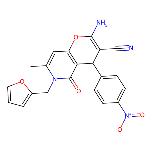 2-amino-6-(furan-2-ylmethyl)-7-methyl-4-(4-nitrophenyl)-5-oxo-5,6-dihydro-4H-pyrano[3,2-c]pyridine-3-carbonitrile structure