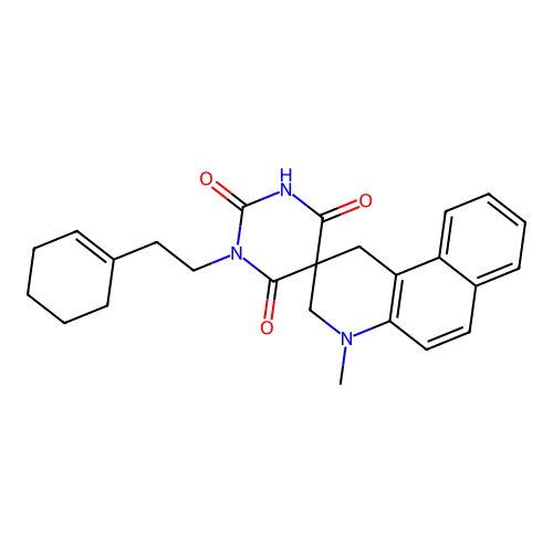 1'-(2-(cyclohex-1-en-1-yl)ethyl)-4-methyl-3,4-dihydro-1H,1'H-spiro[benzo[f]quinoline-2,5'-pyrimidine]-2',4',6'(3'H)-trione structure