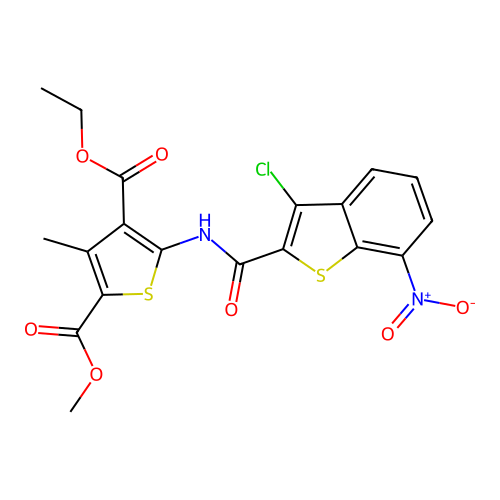 4-ethyl 2-methyl 5-(3-chloro-7-nitrobenzo[b]thiophene-2-carboxamido)-3-methylthiophene-2,4-dicarboxylate structure