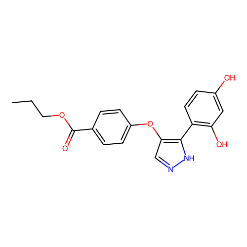 propyl 4-((3-(2,4-dihydroxyphenyl)-1H-pyrazol-4-yl)oxy)benzoate structure