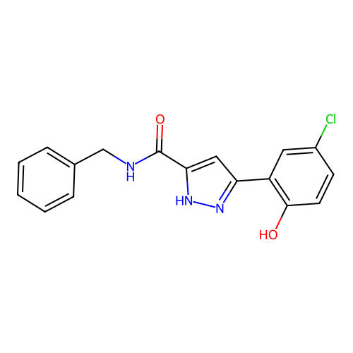 N-benzyl-3-(5-chloro-2-hydroxyphenyl)-1H-pyrazole-5-carboxamide structure