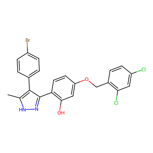 2-[4-(4-bromophenyl)-3-methyl-1H-pyrazol-5-yl]-5-[(2,4-dichlorobenzyl)oxy]phenol structure