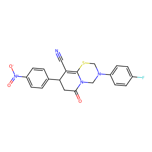 3-(4-fluorophenyl)-8-(4-nitrophenyl)-6-oxo-3,4,7,8-tetrahydro-2H,6H-pyrido[2,1-b][1,3,5]thiadiazine-9-carbonitrile structure