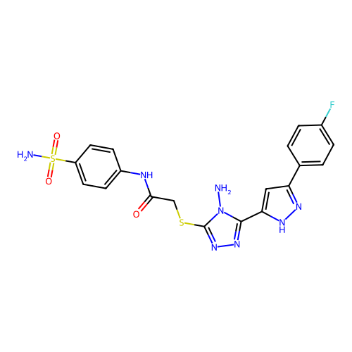 2-((4-amino-5-(3-(4-fluorophenyl)-1H-pyrazol-5-yl)-4H-1,2,4-triazol-3-yl)thio)-N-(4-sulfamoylphenyl)acetamide structure