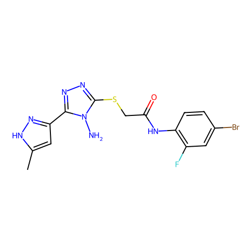 2-((4-amino-5-(3-methyl-1H-pyrazol-5-yl)-4H-1,2,4-triazol-3-yl)thio)-N-(4-bromo-2-fluorophenyl)acetamide structure
