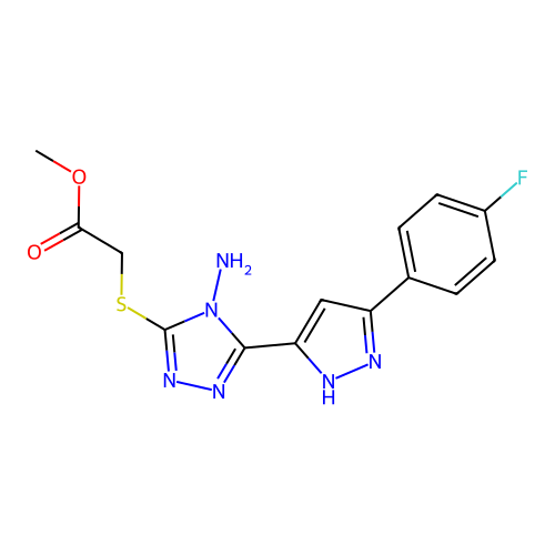 methyl 2-{4-amino-5-[3-(4-fluorophenyl)pyrazol-5-yl]-1,2,4-triazol-3-ylthio}ac etate structure