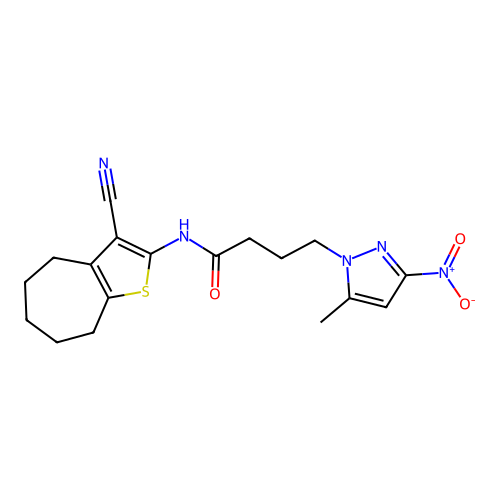 N-(3-cyano-5,6,7,8-tetrahydro-4H-cyclohepta[b]thiophen-2-yl)-4-(5-methyl-3-nitro-1H-pyrazol-1-yl)butanamide structure
