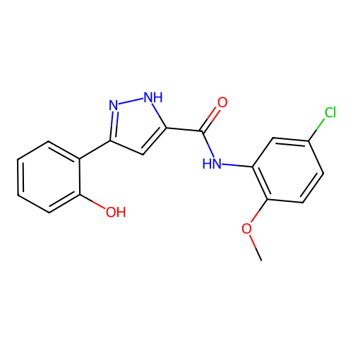 N-(5-chloro-2-methoxyphenyl)-5-(2-hydroxyphenyl)-1H-pyrazole-3-carboxamide structure