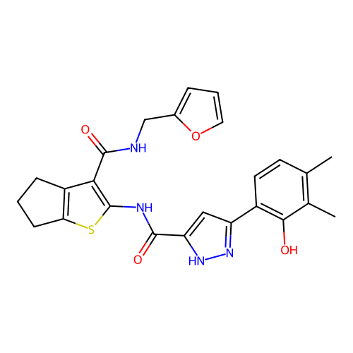 (5Z)-5-(4,5-dimethyl-6-oxocyclohexa-2,4-dien-1-ylidene)-N-[3-(furan-2-ylmethylcarbamoyl)-5,6-dihydro-4H-cyclopenta[b]thiophen-2-yl]-1,2-dihydropyrazole-3-carboxamide structure