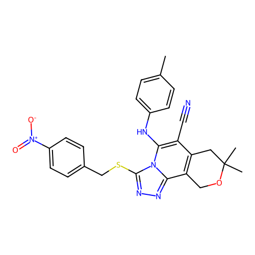 8,8-dimethyl-3-((4-nitrobenzyl)thio)-5-(p-tolylamino)-8,10-dihydro-7H-pyrano[3,4-c][1,2,4]triazolo[4,3-a]pyridine-6-carbonitrile structure