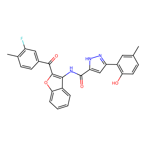 N-{2-[(3-fluoro-4-methylphenyl)carbonyl]-1-benzofuran-3-yl}-5-(2-hydroxy-5-methylphenyl)-1H-pyrazole-3-carboxamide structure