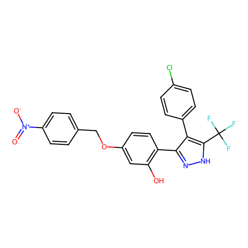 2-[4-(4-chlorophenyl)-3-(trifluoromethyl)-1H-pyrazol-5-yl]-5-[(4-nitrobenzyl)oxy]phenol structure
