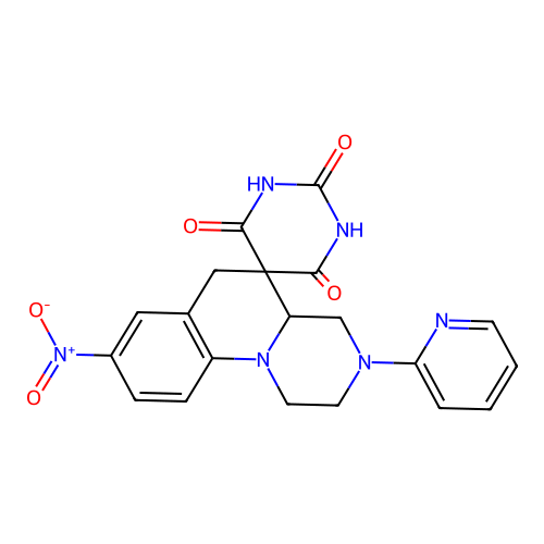 2',6'-dihydroxy-8-nitro-3-(pyridin-2-yl)-2,3,4,4a-tetrahydro-1H,4'H,6H-spiro[pyrazino[1,2-a]quinoline-5,5'-pyrimidin]-4'-one structure