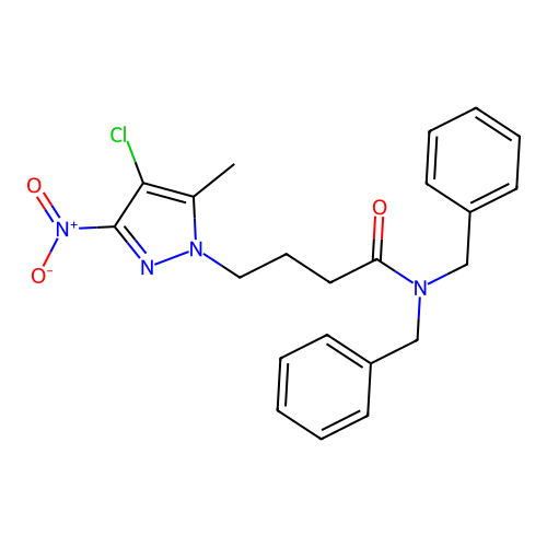 N,N-dibenzyl-4-(4-chloro-5-methyl-3-nitropyrazol-1-yl)butanamide structure