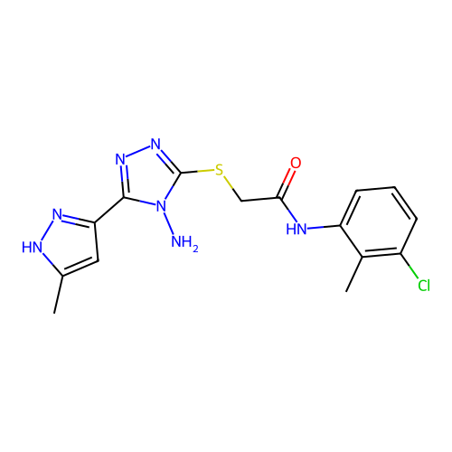 2-((4-amino-5-(3-methyl-1H-pyrazol-5-yl)-4H-1,2,4-triazol-3-yl)thio)-N-(3-chloro-2-methylphenyl)acetamide structure