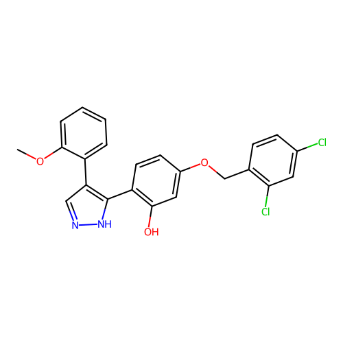 5-[(2,4-dichlorobenzyl)oxy]-2-[4-(2-methoxyphenyl)-1H-pyrazol-3-yl]phenol structure