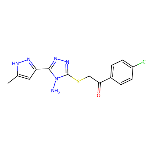2-((4-amino-5-(3-methyl-1H-pyrazol-5-yl)-4H-1,2,4-triazol-3-yl)thio)-1-(4-chlorophenyl)ethanone structure
