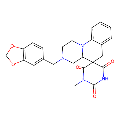 3'-(1,3-benzodioxol-5-ylmethyl)-1-methylspiro[1,3-diazinane-5,5'-2,4,4a,6-tetrahydro-1H-pyrazino[1,2-a]quinoline]-2,4,6-trione structure