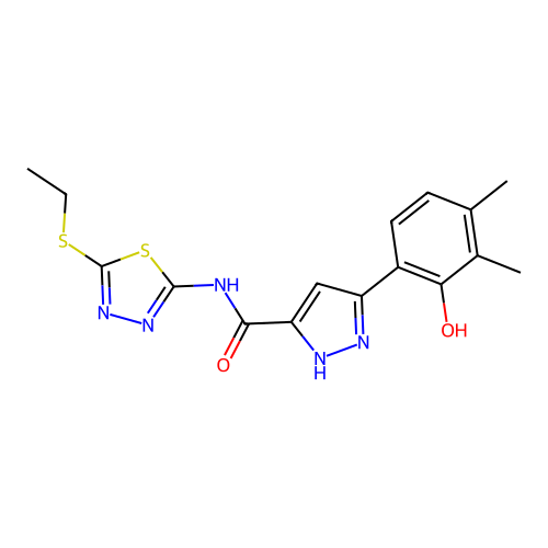 5-(2-Hydroxy-3,4-dimethyl-phenyl)-2H-pyrazole-3-carboxylic acid (5-ethylsulfanyl-[1,3,4]thiadiazol-2-yl)-amide structure