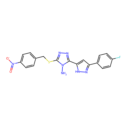 3-(3-(4-fluorophenyl)-1H-pyrazol-5-yl)-5-((4-nitrobenzyl)thio)-4H-1,2,4-triazol-4-amine structure