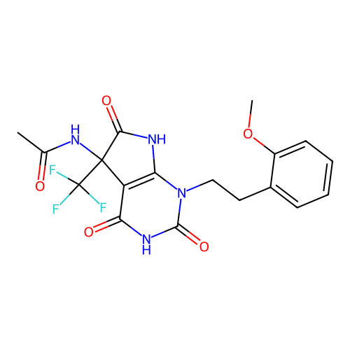 N-(1-(2-methoxyphenethyl)-2,4,6-trioxo-5-(trifluoromethyl)-2,3,4,5,6,7-hexahydro-1H-pyrrolo[2,3-d]pyrimidin-5-yl)acetamide structure