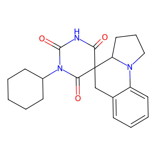 1-cyclohexyl-2',3',3a',5'-tetrahydro-1H,1'H-spiro[pyrimidine-5,4'-pyrrolo[1,2-a]quinoline]-2,4,6(3H)-trione structure