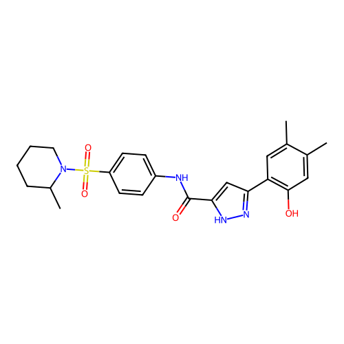 (5Z)-5-(3,4-dimethyl-6-oxocyclohexa-2,4-dien-1-ylidene)-N-[4-(2-methylpiperidin-1-yl)sulfonylphenyl]-1,2-dihydropyrazole-3-carboxamide structure