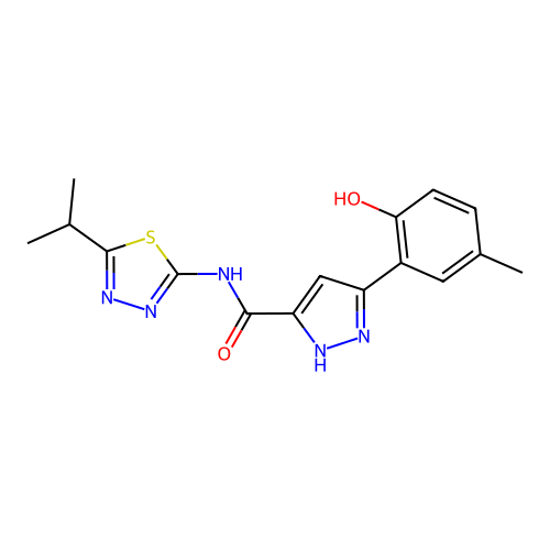 5-(2-hydroxy-5-methylphenyl)-N-[5-(propan-2-yl)-1,3,4-thiadiazol-2-yl]-1H-pyrazole-3-carboxamide structure