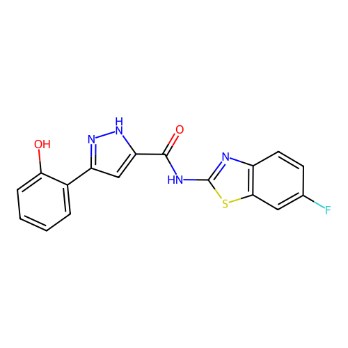 N-(6-fluoro-1,3-benzothiazol-2-yl)-5-(2-hydroxyphenyl)-1H-pyrazole-3-carboxamide structure